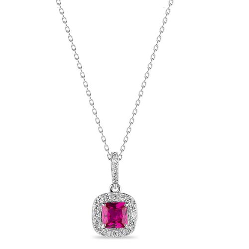 Ruby CZ Square Sterling Silver Halo Pendant with Chain